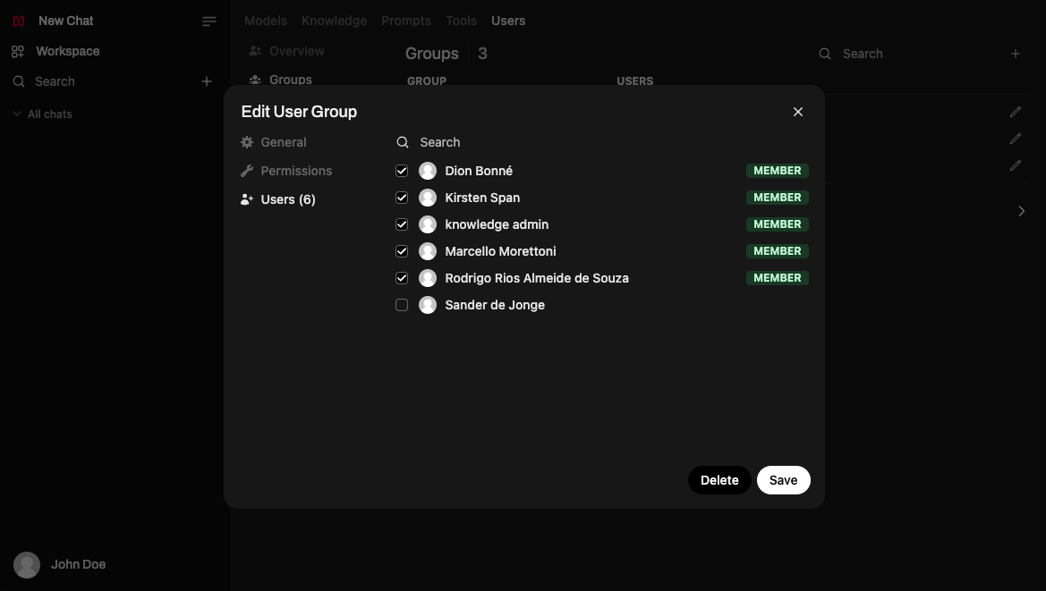 The users manage group page