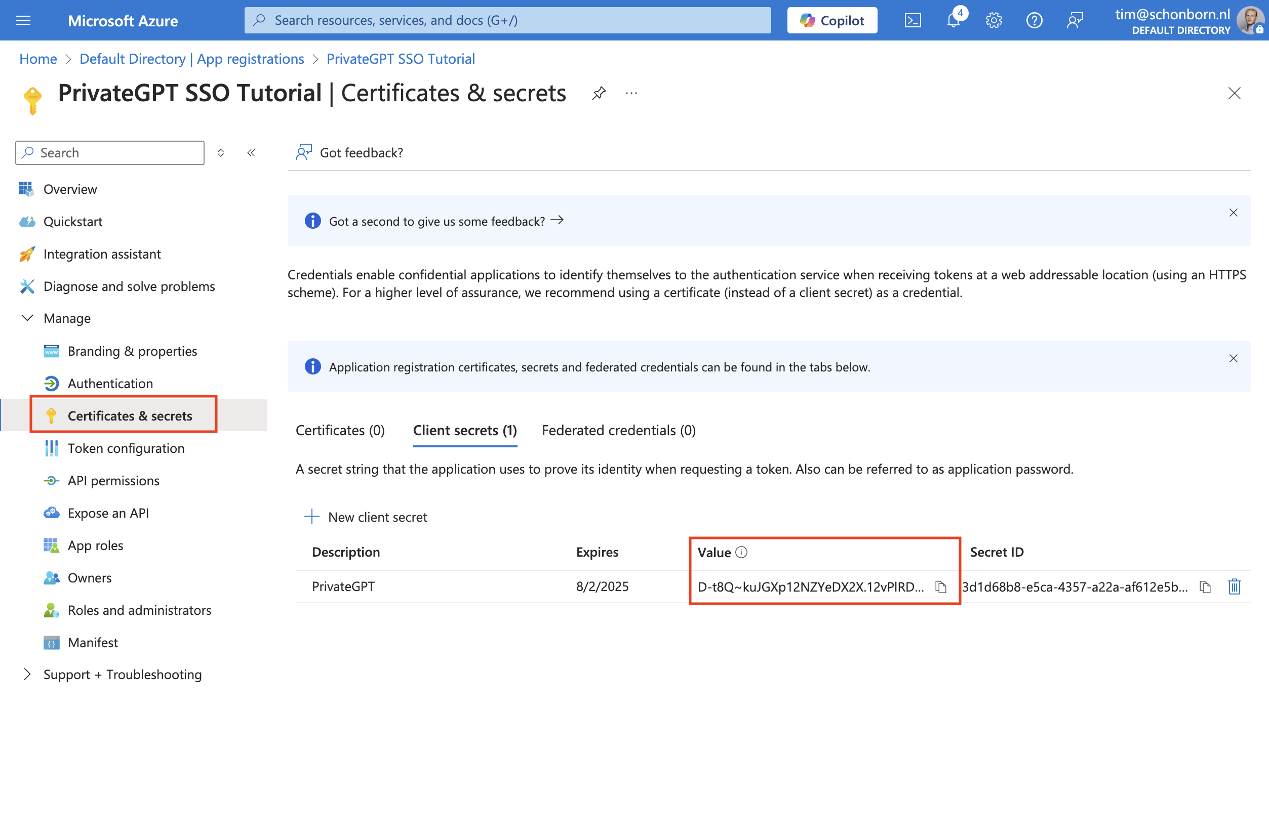 Create client secret in Microsoft Entra