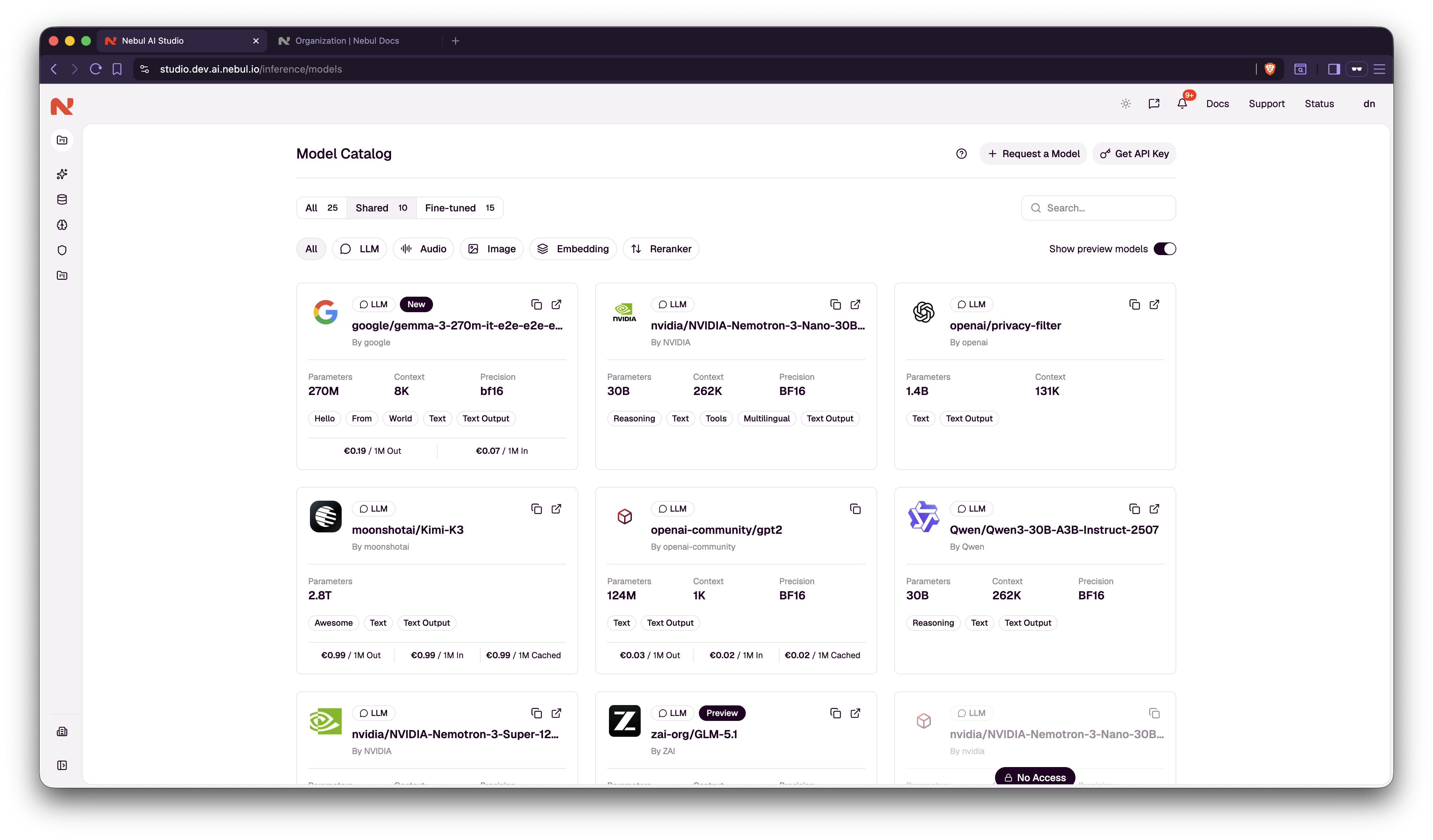 AI Studio model catalog listing available inference models