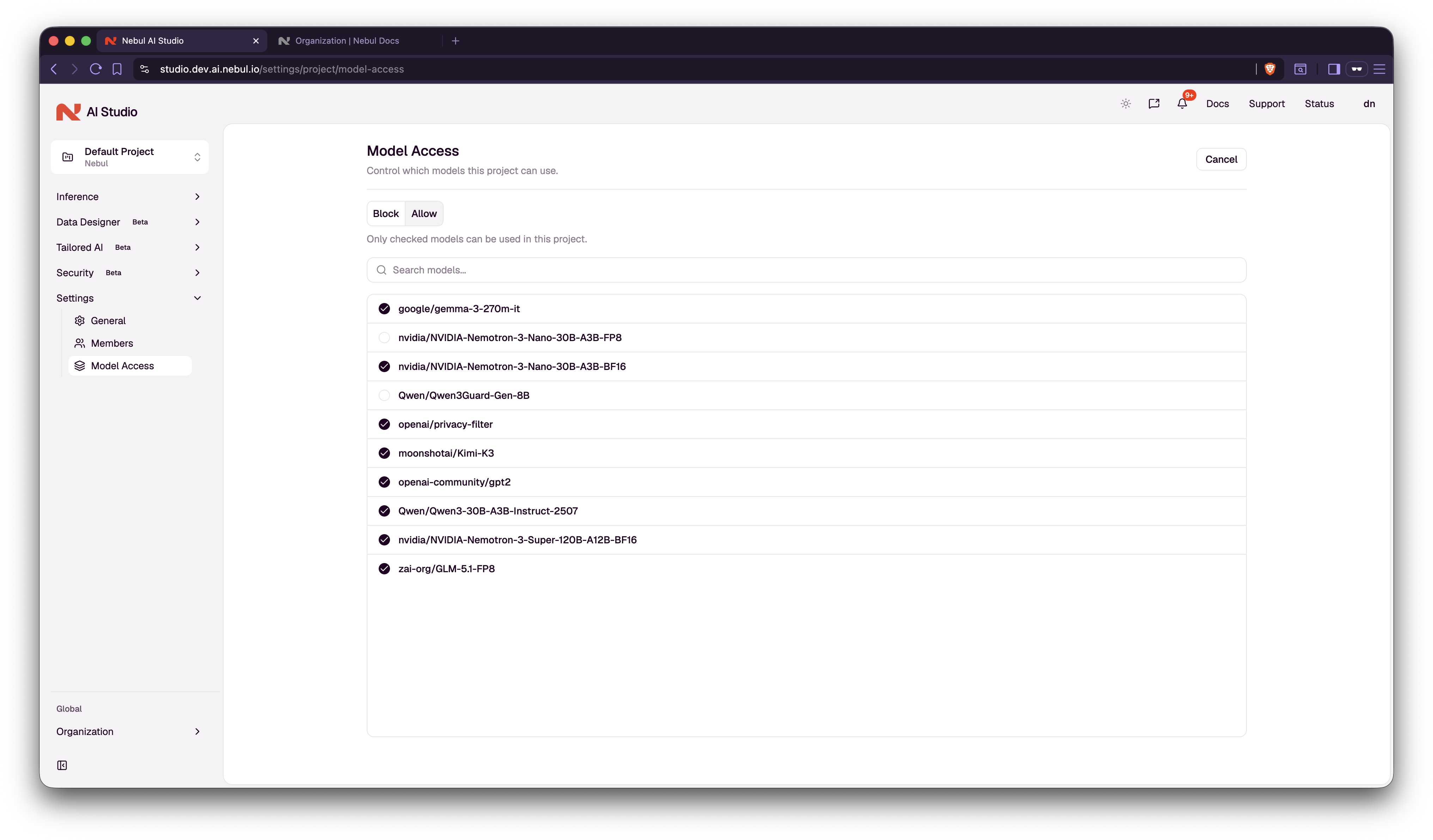 AI Studio project settings for choosing which models are enabled for the active project